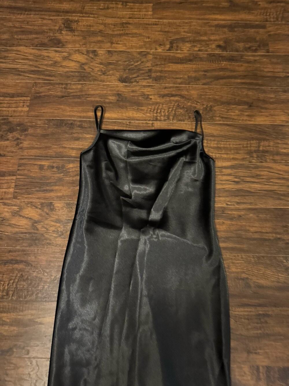 bebe Black Satin Long Strappy Slip Dress Sleeveless Cowl Neck Size S